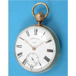 A George III 18ct gold keywind pocket chronometer the plain case with engraved ball pendant and m...