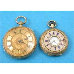 A Victorian 18ct gold keywind fob watch with floral engraved case and gilt Roman dial, movement s...