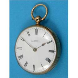 A late Victorian 18ct gold keywind fob watch with enamelled Roman dial and three quarter plate le...