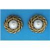 Image 1 : A pair of cultured pearl earrings, each with a single pearl in a double ropetwist gold border...