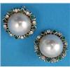 Image 1 : A pair of mabe pearl, emerald and diamond earclips, each pearl within a border of square-cut emer...