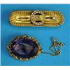 Image 1 : An oval amethyst brooch, in scrolled gold frame and a 15ct gold brooch with buckle motif set seed...