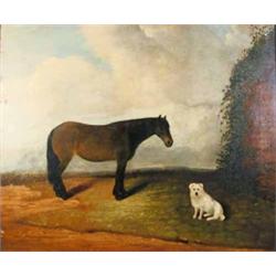 Victorian School oil on canvas, Horse and dog in a field, 25 x 30 ins....