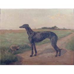G F Waldo Johnson (Exh. 1894-1896) oil on canvas, Portrait of a greyhound in a field, signed and...