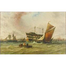 George Gregory (1849-1938) oil on canvas, Hulk and other shipping in harbour, signed and dated 18...