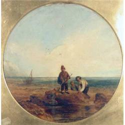 After Shayer oil on board, Shrimpers on a beach, tondo, 13.25 ins....
