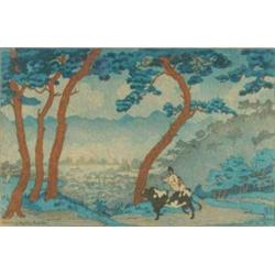 Elizabeth Keith (1887-) American coloured woodcut, 'Morning Mists, Korea', signed in pencil, 9.5...