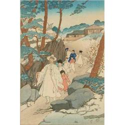 Elizabeth Keith (1887-) American coloured woodcut, 'The Wong a Scholar & His Disciples', signed i...