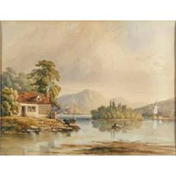 George Earp watercolour, Lake scene with fishing boat and windmill, signed, 12.5 x 16 ins....