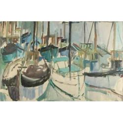 Miss C O Thistlewaite watercolour, Fishing boats in harbour, signed, 14 x 21 ins....
