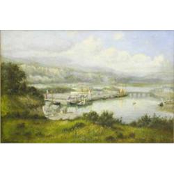 Henry Cooper (19th/20th C) oil on canvas, Hillside overlooking a harbour with steam and sail ship...