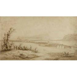 19th C English School monochrome watercolour, Extensive landscape, 7.75 x 12.5 ins....