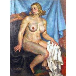 P Sokolov-Skalya (1899 - 1961) Russian oil on canvas, 'Nude in Blue', signed, 58 x 43 ins....