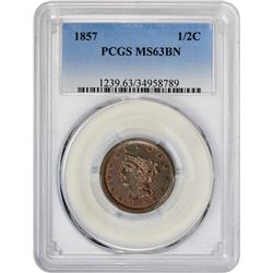 Choice BN Uncirculated 1857 Half Cent 1857 Half Cent C-1, B-1. Rarity-2. MS-63 BN PCGS.