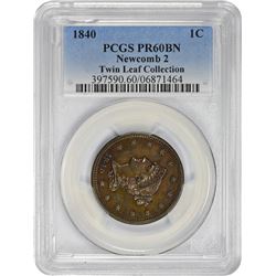 Rare Proof 1840 Large Cent Ex Twin Leaf Collection 1840 Large Cent Newcomb-2. Small 18 Over Large 18
