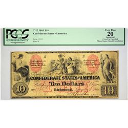 T-22. 1861 $10 Confederate Currency. PCGS Very Fine 20 Apparent. Cross-Cut Cancelled, Minor Stains; 