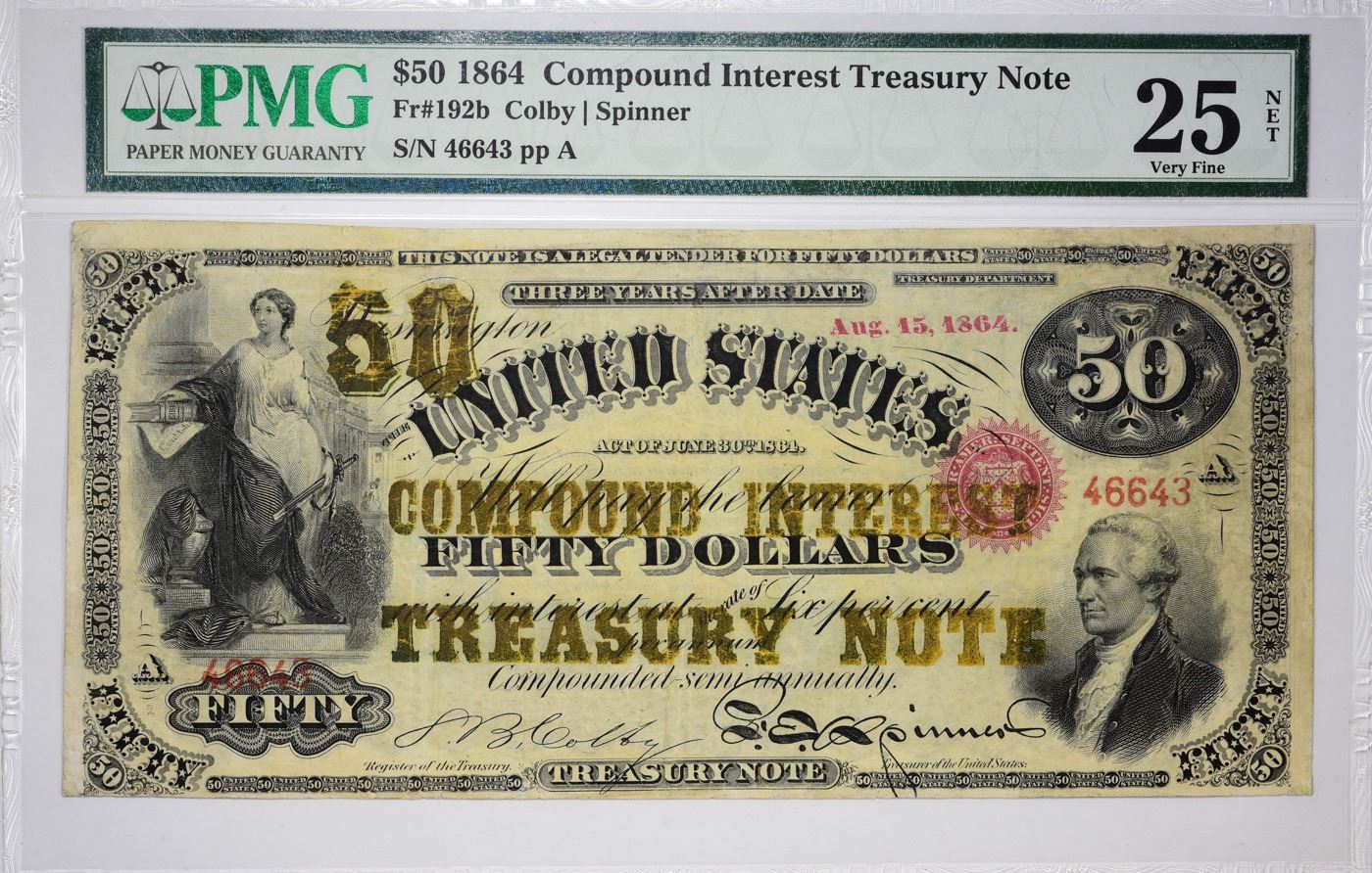 Rare 1864 $50 Compound Interest Treasury Note Fr. 192b. 1864 $50 ...