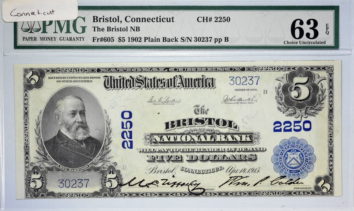 Bristol, Connecticut. Bristol NB. 1902 5 Plain Back. Fr. 605. Charter