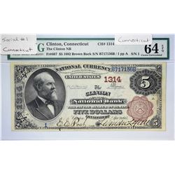 Clinton, Connecticut Number One Brown Back Clinton, Connecticut. Clinton NB. 1882 $5 Brown Back. Fr.