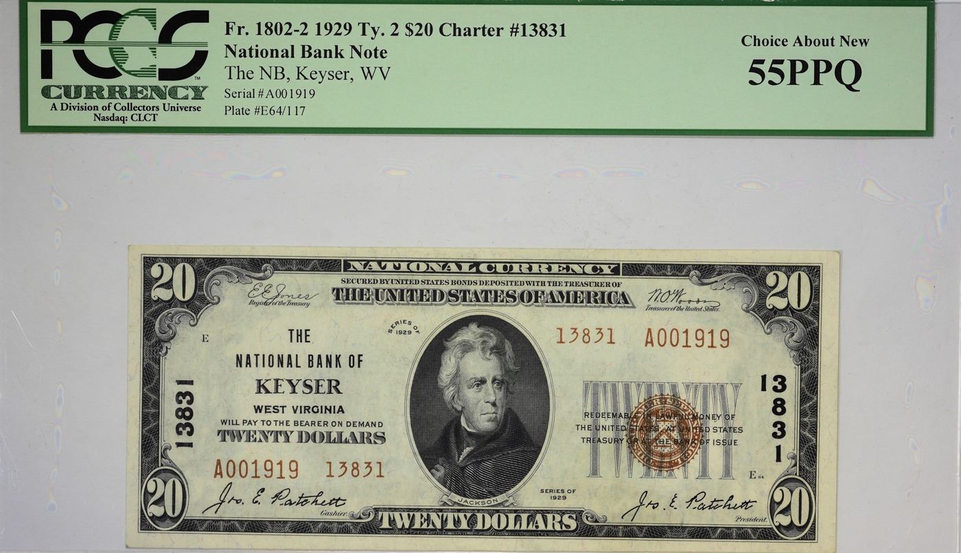 Keyser, West Virginia. FNB. 1929 20 Ty. 2. Fr. 18022. Charter 13831
