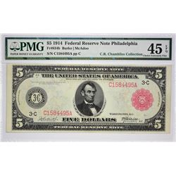 Fr. 834b. 1914 $5 Federal Reserve Note. Red Seal. Philadelphia. PMG Choice Extremely Fine 45 EPQ.