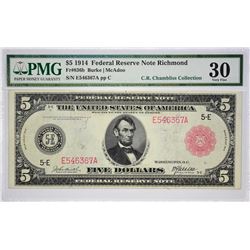 Fr. 836b. 1914 $5 Federal Reserve Note. Red Seal. Richmond. PMG Very Fine 30.