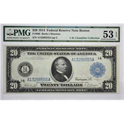 Fr, 966. 1914 $20 Federal Reserve Note. Blue Seal. Boston. PMG About Uncirculated 53 EPQ.