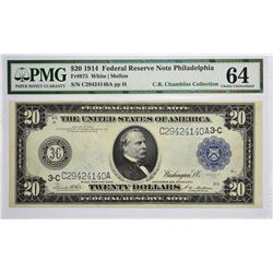 Fr. 975. 1914 $20 Federal Reserve Note. Blue Seal. Philadelphia. PMG Choice Uncirculated 64.