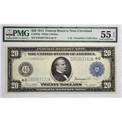 Fr. 979a. 1914 $20 Federal Reserve Note. Blue Seal. Cleveland. PMG About Uncirculated 55 EPQ.