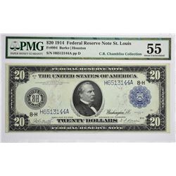 Fr. 994. 1914 $20 Federal Reserve Note. Blue Seal. St. Louis. PMG About Uncirculated 55.