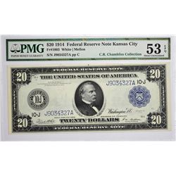 Fr. 1003. 1914 $20 Federal Reserve Note. Blue Seal. Kansas City. PMG About Uncirculated 53 EPQ.