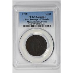 1788 Cent Genuine Massachusetts, Period. F Details PCGS