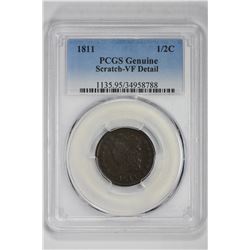 1811 1/2C Grnuine. VF Detail PCGS
