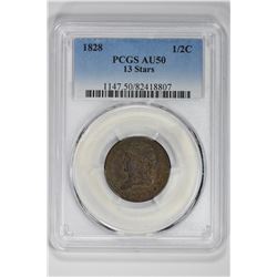 1828 1/2C 13 Stars. AU 50 PCGS