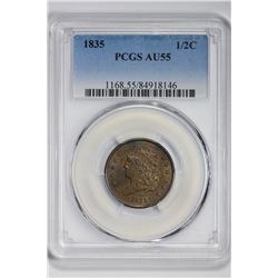 1835 1/2C Half Cent. AU 55 PCGS