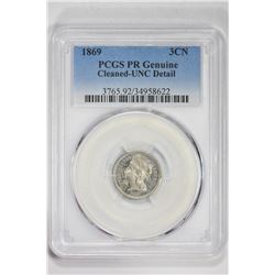 1869 3CN Genuine. UNC Detail PCGS