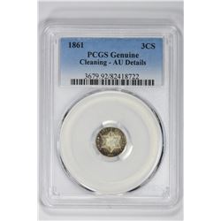 1861 3CS Genuine. AU Detail PCGS