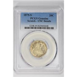 1875-S 20C Genuine. UNC Details PCGS