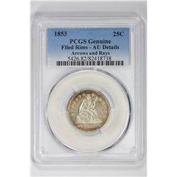 1853 25Genuine Arrows and Ras. AU Details PCGS