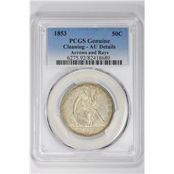 1853 50C Genuine Arrows and Rays. AU Details PCGS