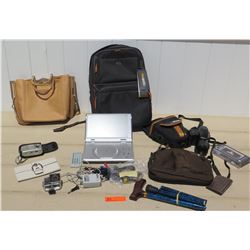 Misc Lot - Solo Backpack, Olympus Camera, Sport Camera, Portable DVD Player, Handbag, Wallets