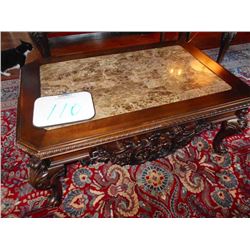 48" x 32" Ornate Heavy Mahogany Curved Brown Marble Top Coffee Table