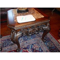 28" x 28" x 26" Heavy Mahogany Ornate Marble Top Lamp Table