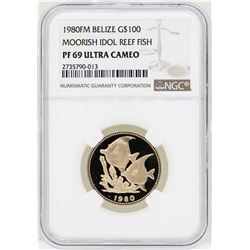 1980FM Belize $100 Moorish Idol Reef Fish Gold Coin NGC PF69 Ultra Cameo