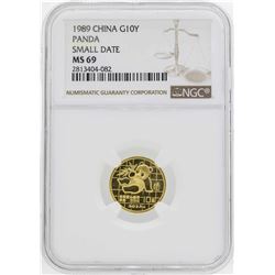1989 China 10 Yuan 1/10 Oz. Gold Panda Coin NGC MS69 Small Date