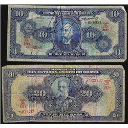 Set of (2) $10, $20 Republica Dos Estados Unidos Do Brasil Notes