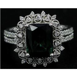 14KT White Gold 3.89 ctw Emerald Cut Green Tourmaline and Diamond Band Ring
