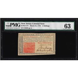 March 25, 1776 New Jersey 3 Shillings Colonial Note PMG Choice Uncirculated 63