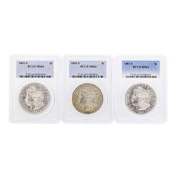 Lot of (3) 1881-S $1 Morgan Silver Dollar Coins PCGS MS64