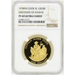 1978FM Cook Islands $200 Discovery of Hawaii Gold Coin NGC PF69 Ultra Cameo